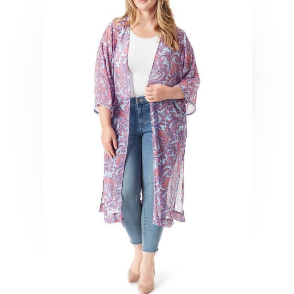 Jessica Simpson 2X Solitary Paisley Long Kimono Duster Ultramarine NWT